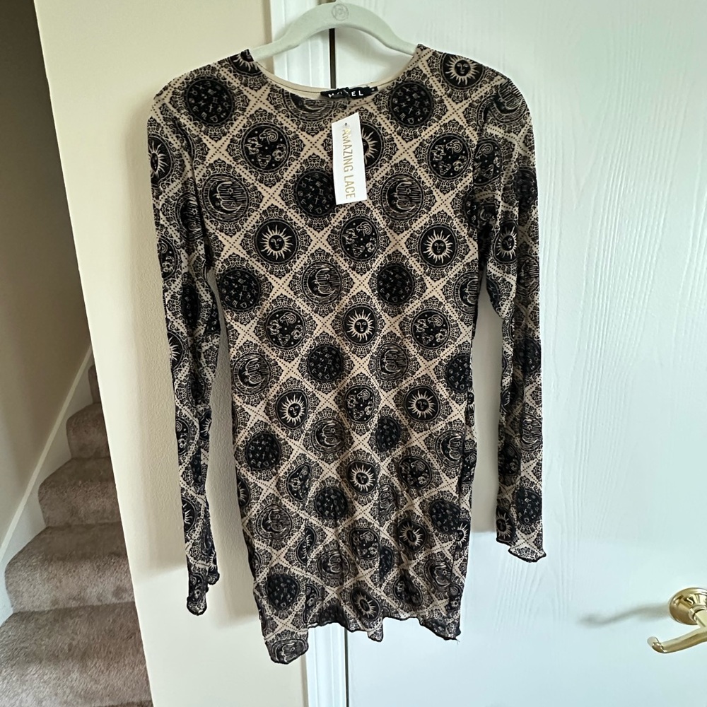 Motel Rocks Black and Cream Celestial Print Long Sleeve Dress